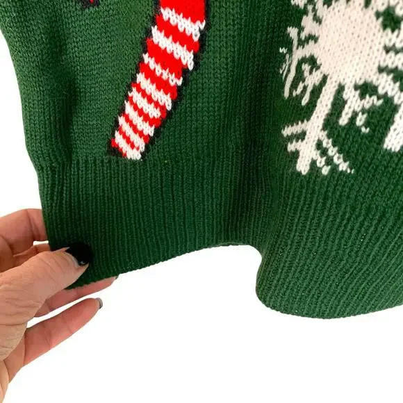 Pink Reindeer Sz L Green Knit Sweater Red Collar & Cuffs XMAS Sweater - Picture 5 of 8